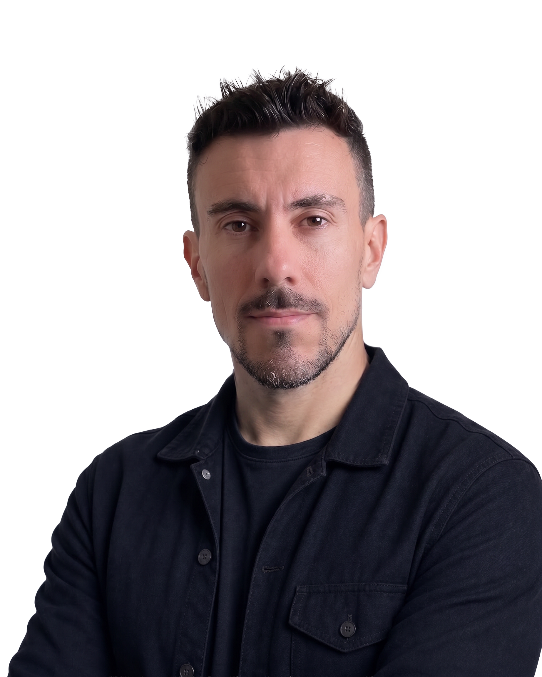 Professional portrait of Nicolás Torres with a minimal digital aesthetic and subtle pixel art details.