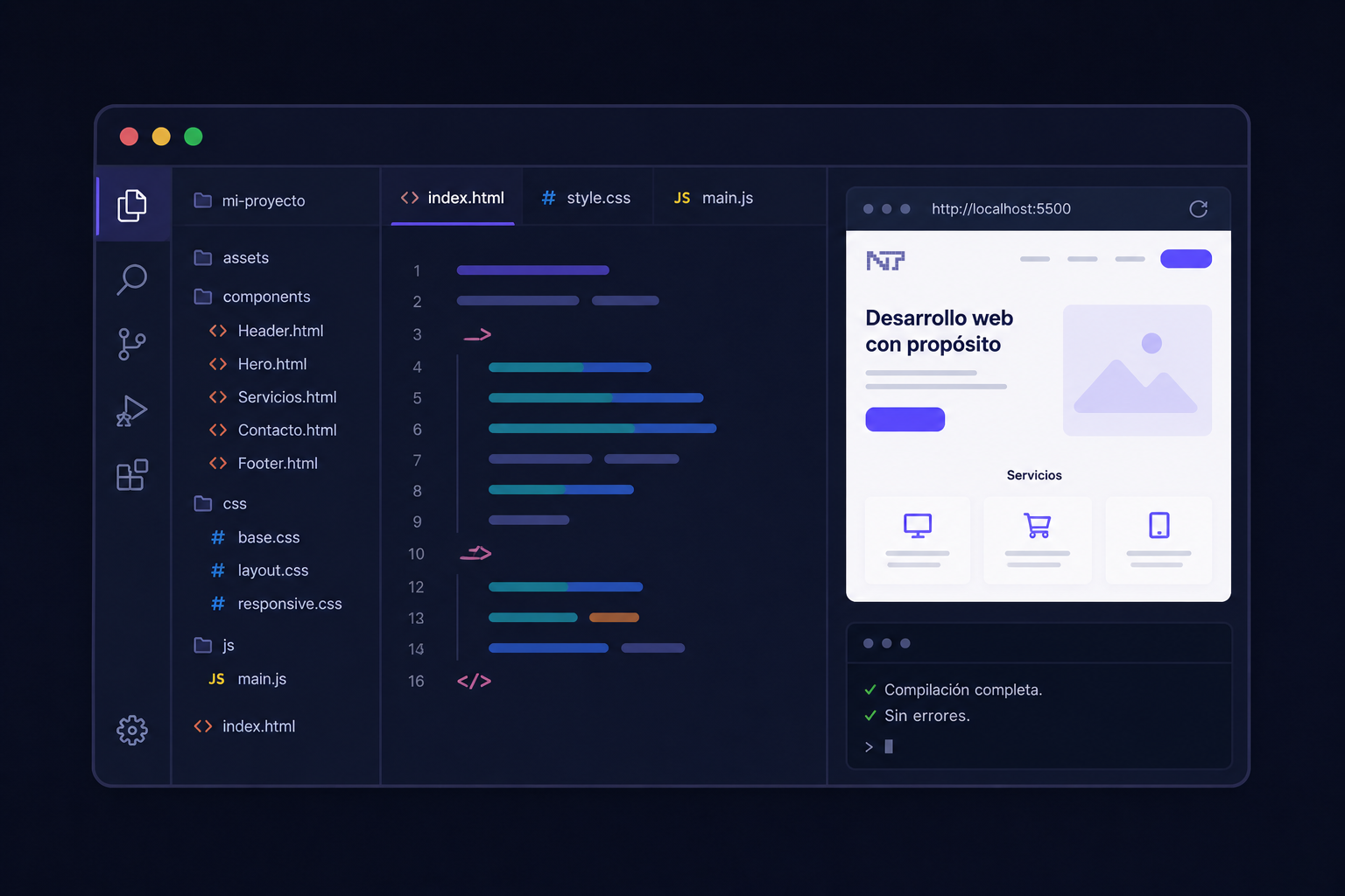 Web development interface with components, code structure and responsive design.